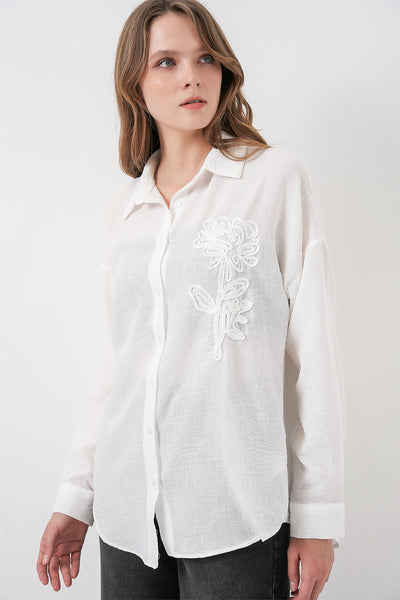 Kadın Oversize Keten Gömlek 20338 - Beyaz