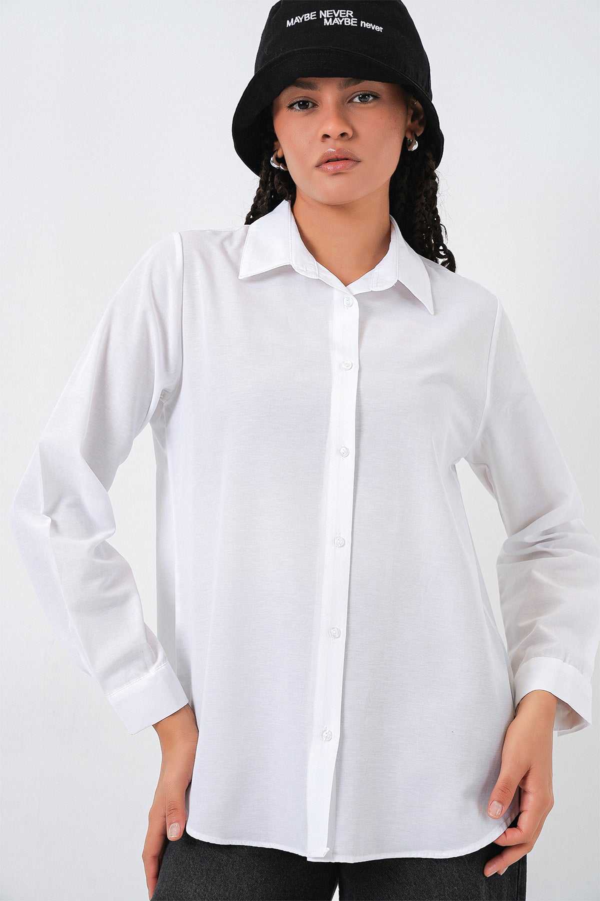 Kadın Oversize Basic Gömlek 20349 - Beyaz