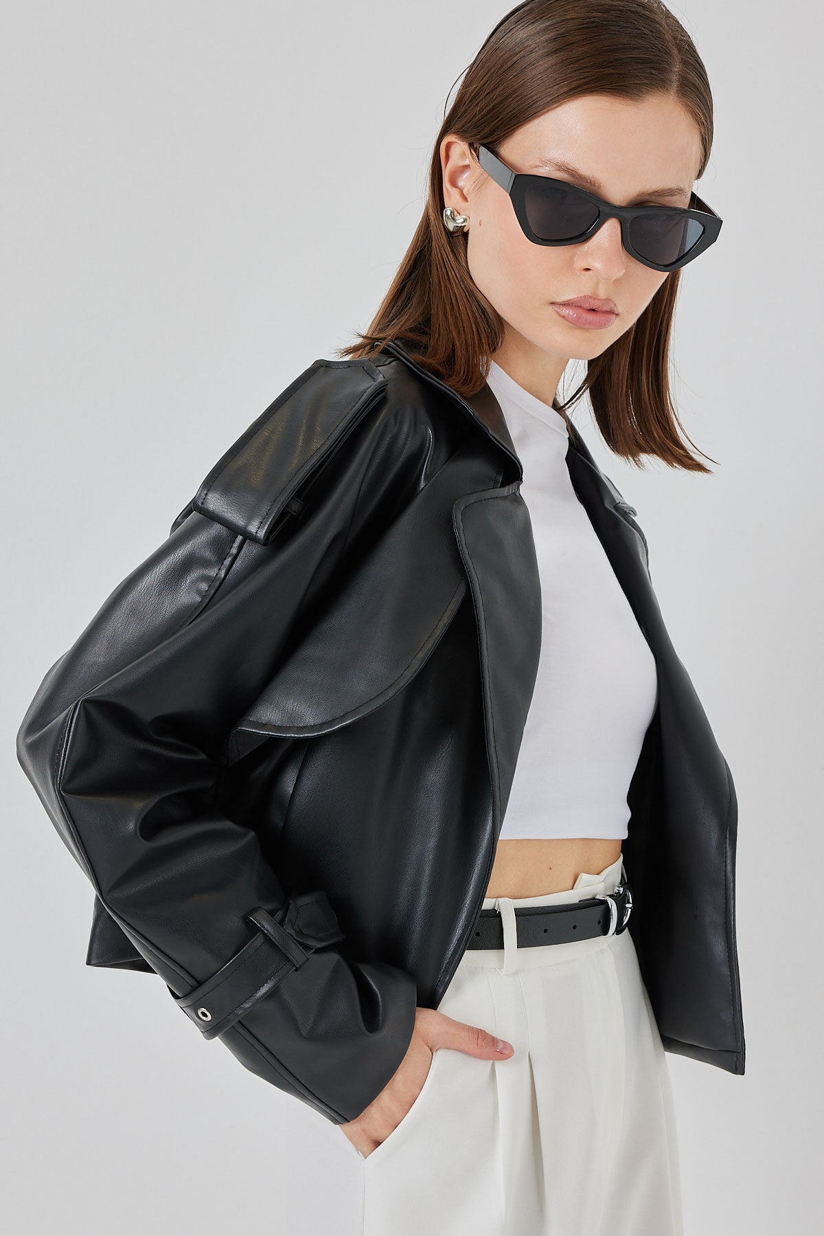 Jachetă Oversize din Piele 1047 - Negru