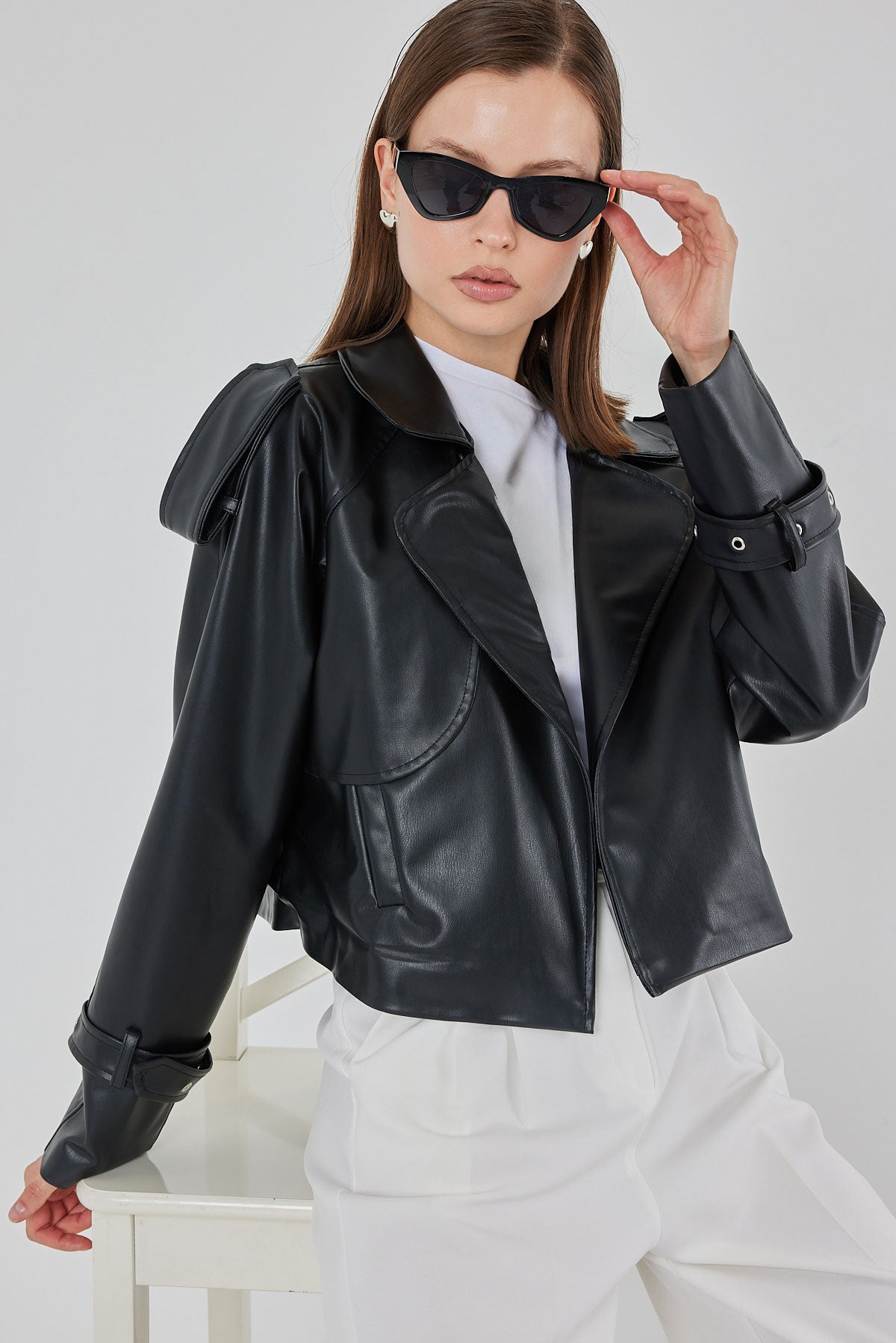 Jachetă Oversize din Piele 1047 - Negru