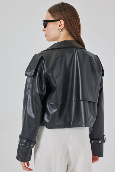Kadın Oversize Deri Mont Ceket 1047 - Siyah