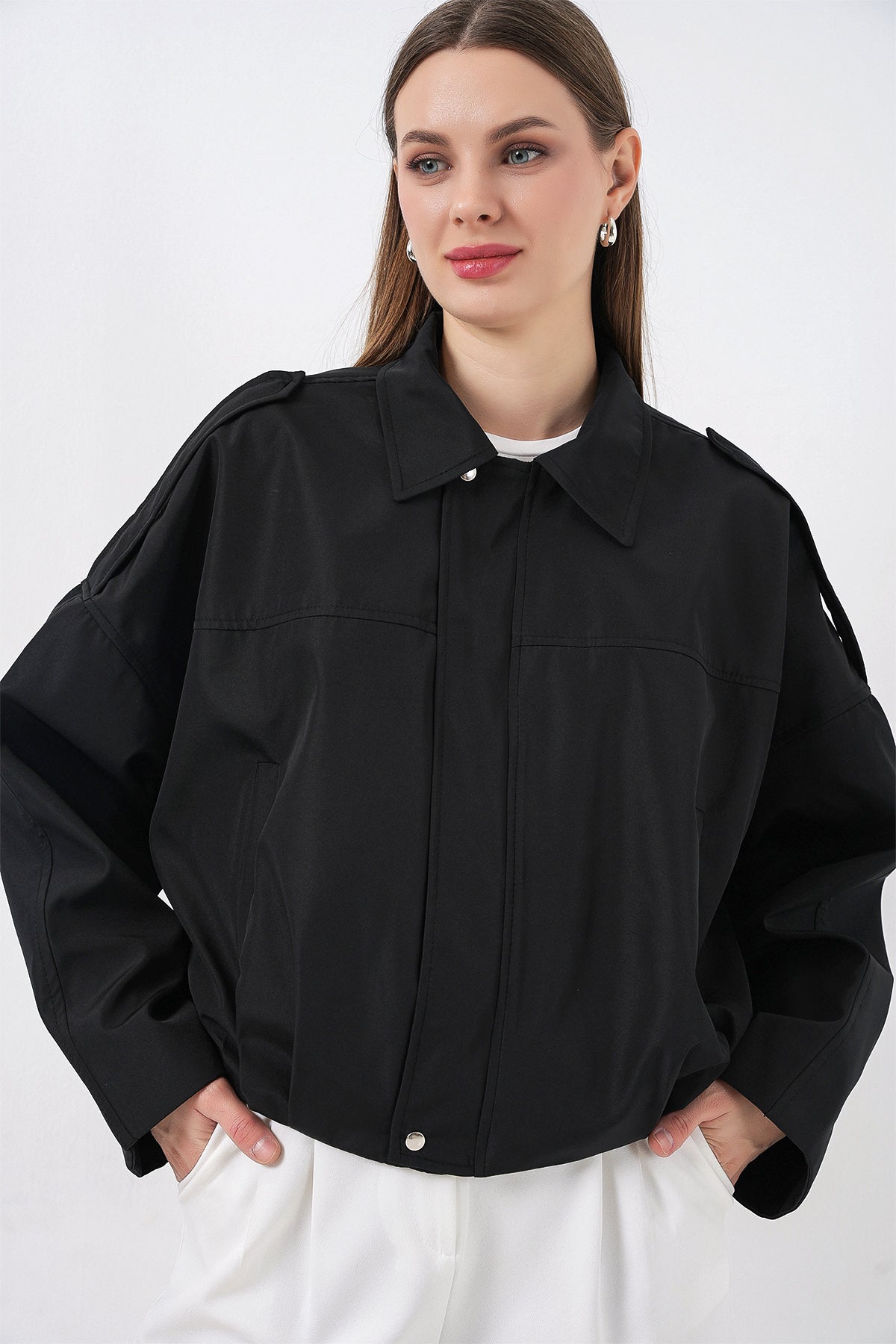 Kadın Oversize Kısa Ceket 0732 - Siyah