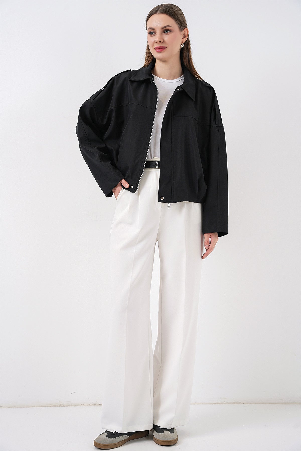 Kadın Oversize Kısa Ceket 0732 - Siyah