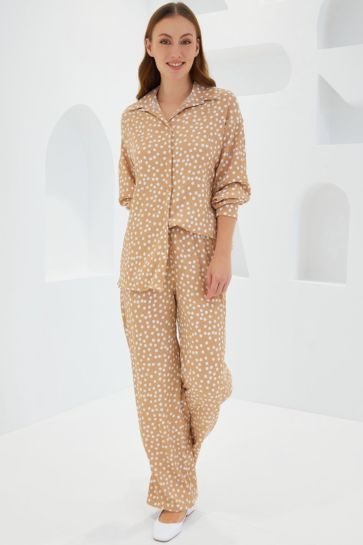 Set Două Piese Tricot Punctat Bej Crem Femei 5858