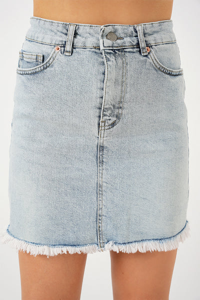Fustă Mini Din Denim Cu Ciucuri Damă 8051 - Albastru