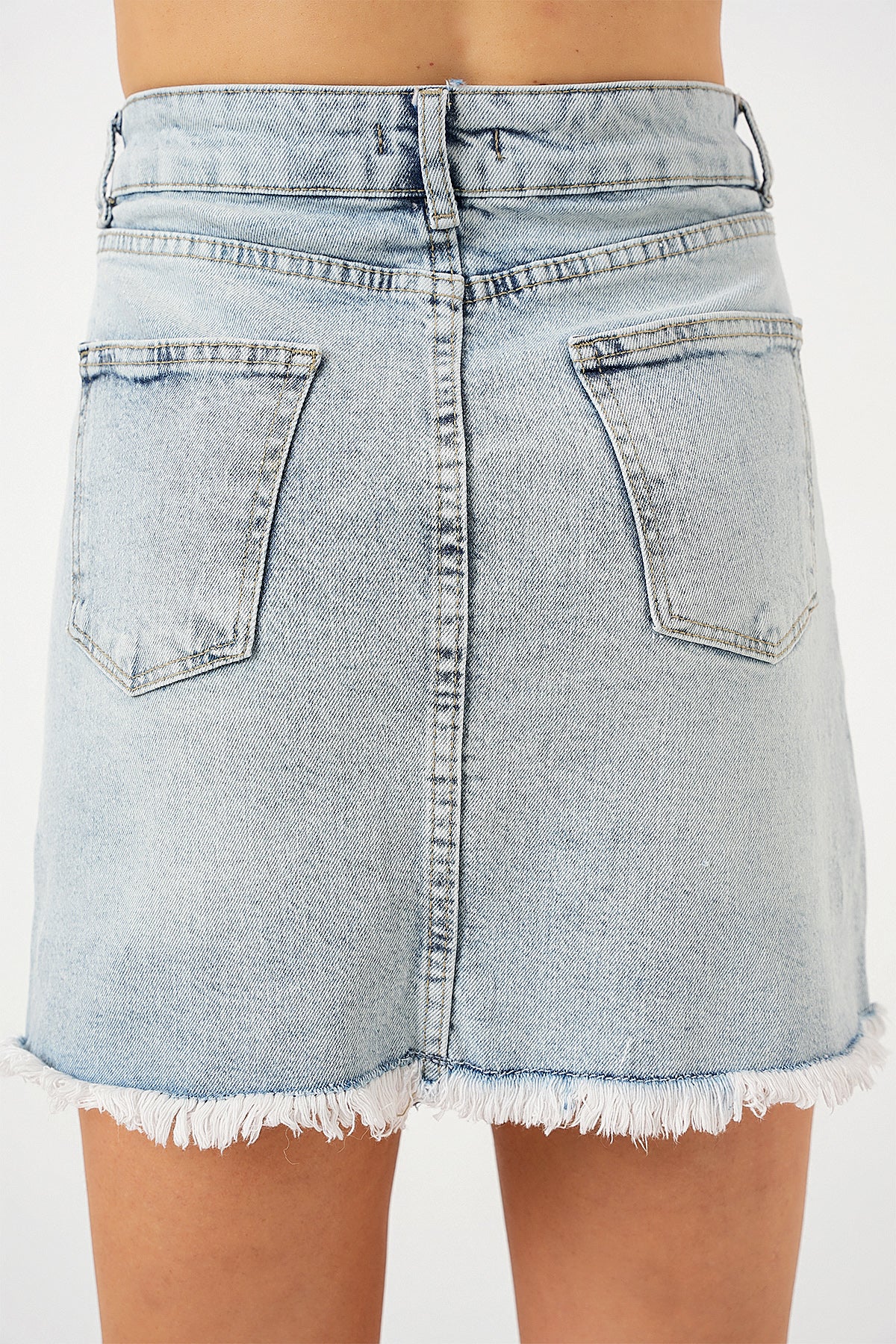 Fustă Mini Din Denim Cu Ciucuri Damă 8051 - Albastru