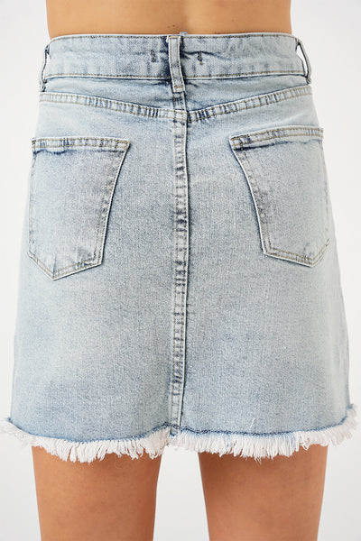 Fustă Mini Din Denim Cu Ciucuri Damă 8051 - Albastru