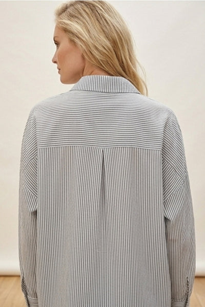 Kadın Siyah Beyaz Çizgili Oversize Uzun Basic Gömlek 3900