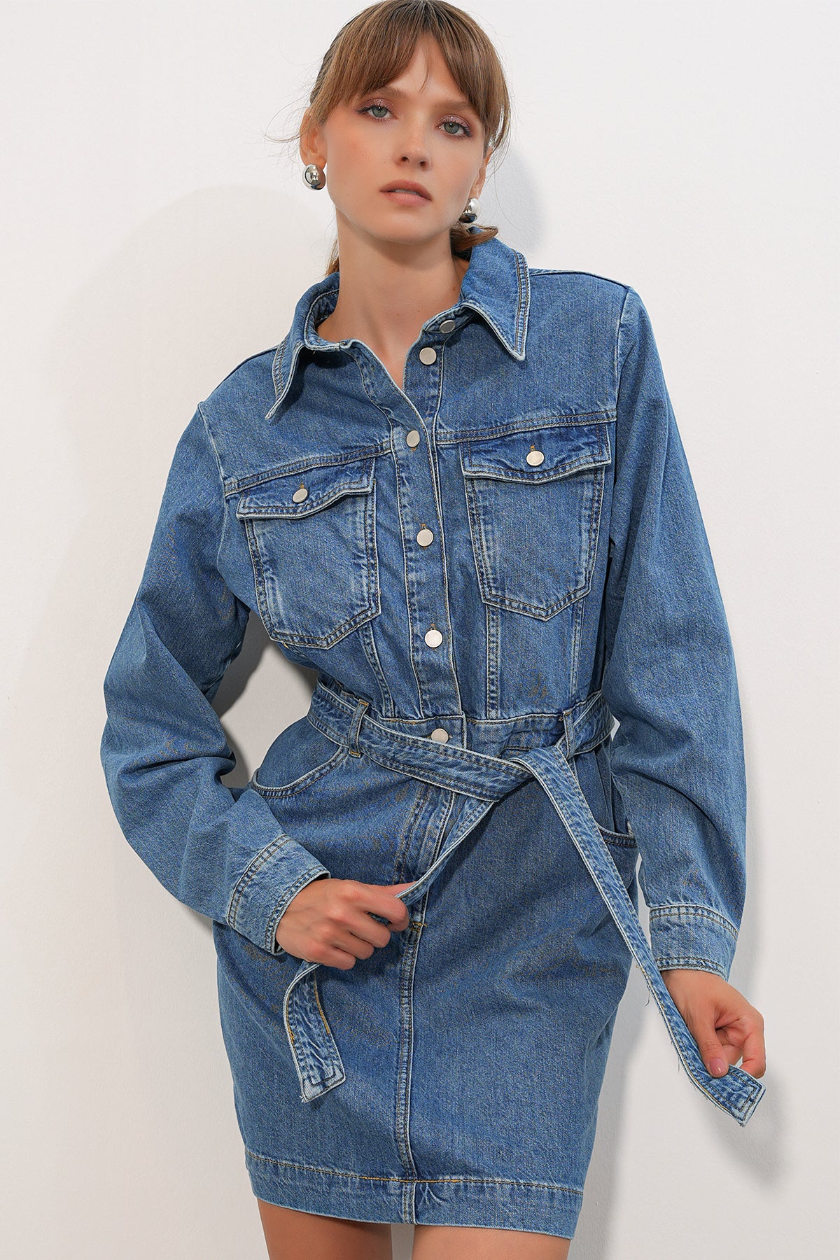 Women's Long Sleeve Denim Dress 0614 - Dark Blue