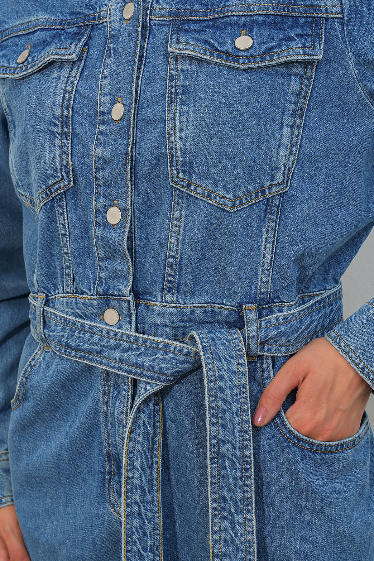 Women's Long Sleeve Denim Dress 0614 - Dark Blue