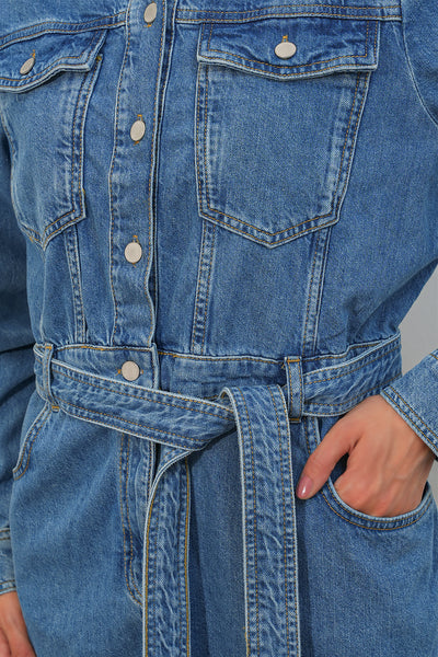 Women's Long Sleeve Denim Dress 0614 - Dark Blue