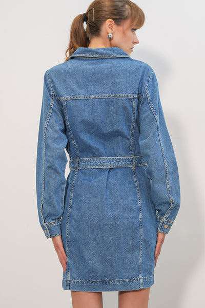 Women's Long Sleeve Denim Dress 0614 - Dark Blue