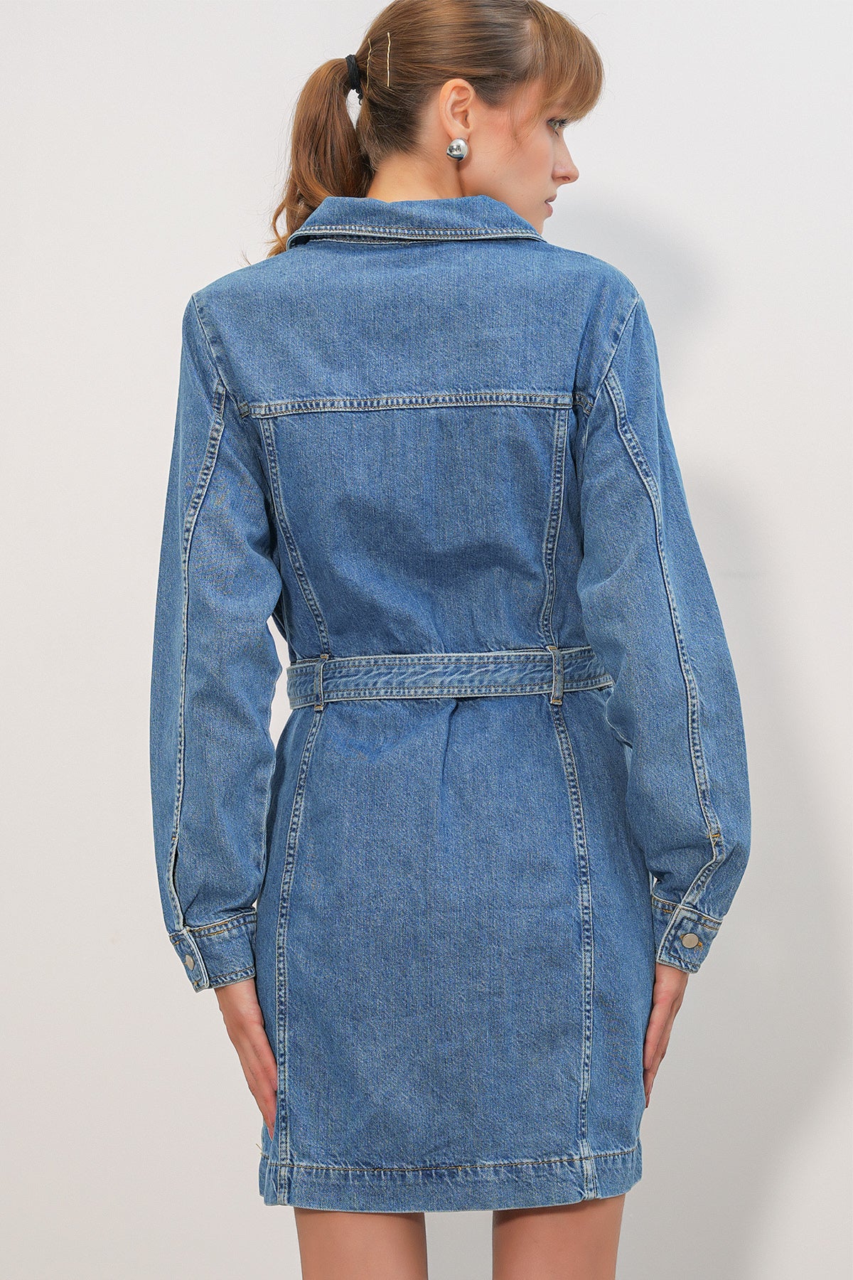 Kadın Uzun Kol Kot Elbise 0614 - Koyu Mavi