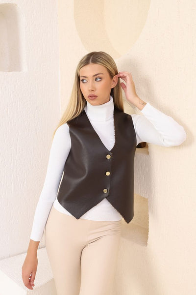 Wholesale Leather Buttoned Vest - Coffee