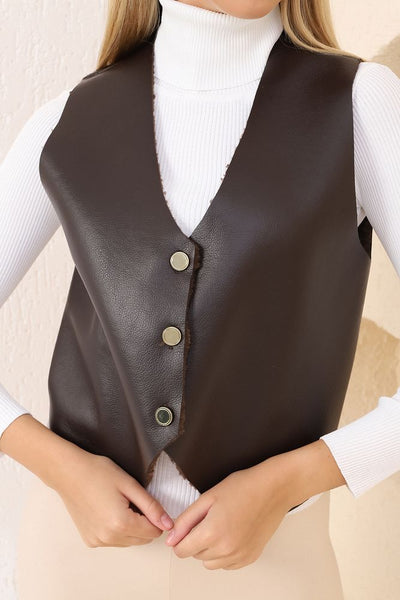 Wholesale Leather Buttoned Vest - Coffee