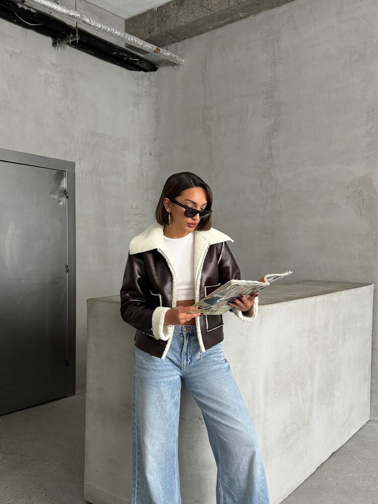 Wholesale Laminated Leather Zippered Jacket - Coffee Cream