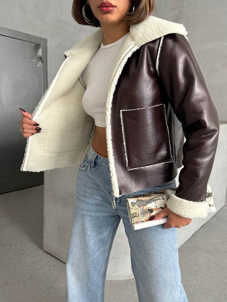 Wholesale Laminated Leather Zippered Jacket - Coffee Cream