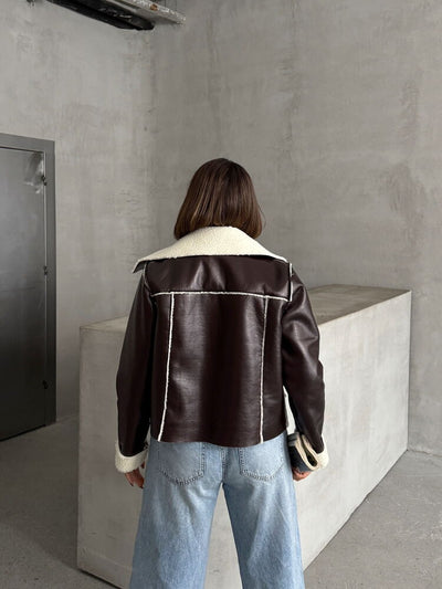 Wholesale Laminated Leather Zippered Jacket - Coffee Cream