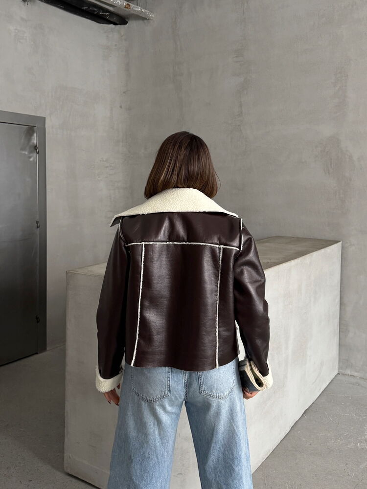 Wholesale Laminated Leather Zippered Jacket - Coffee Cream