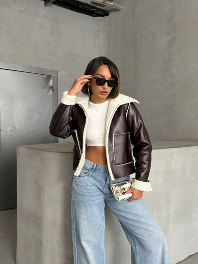Wholesale Laminated Leather Zippered Jacket - Coffee Cream