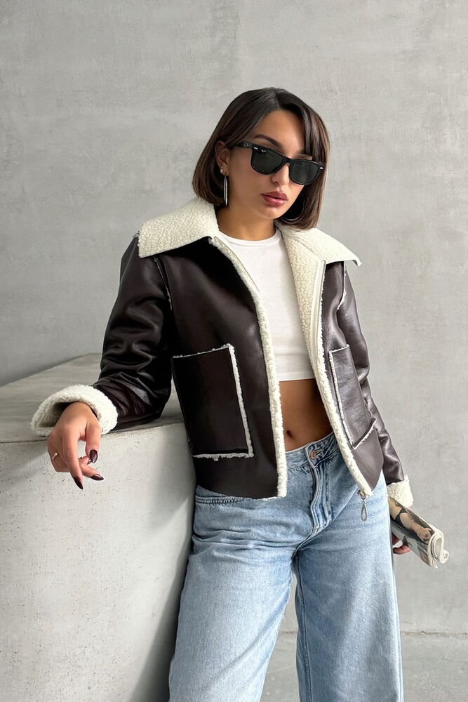 Wholesale Laminated Leather Zippered Jacket - Coffee Cream