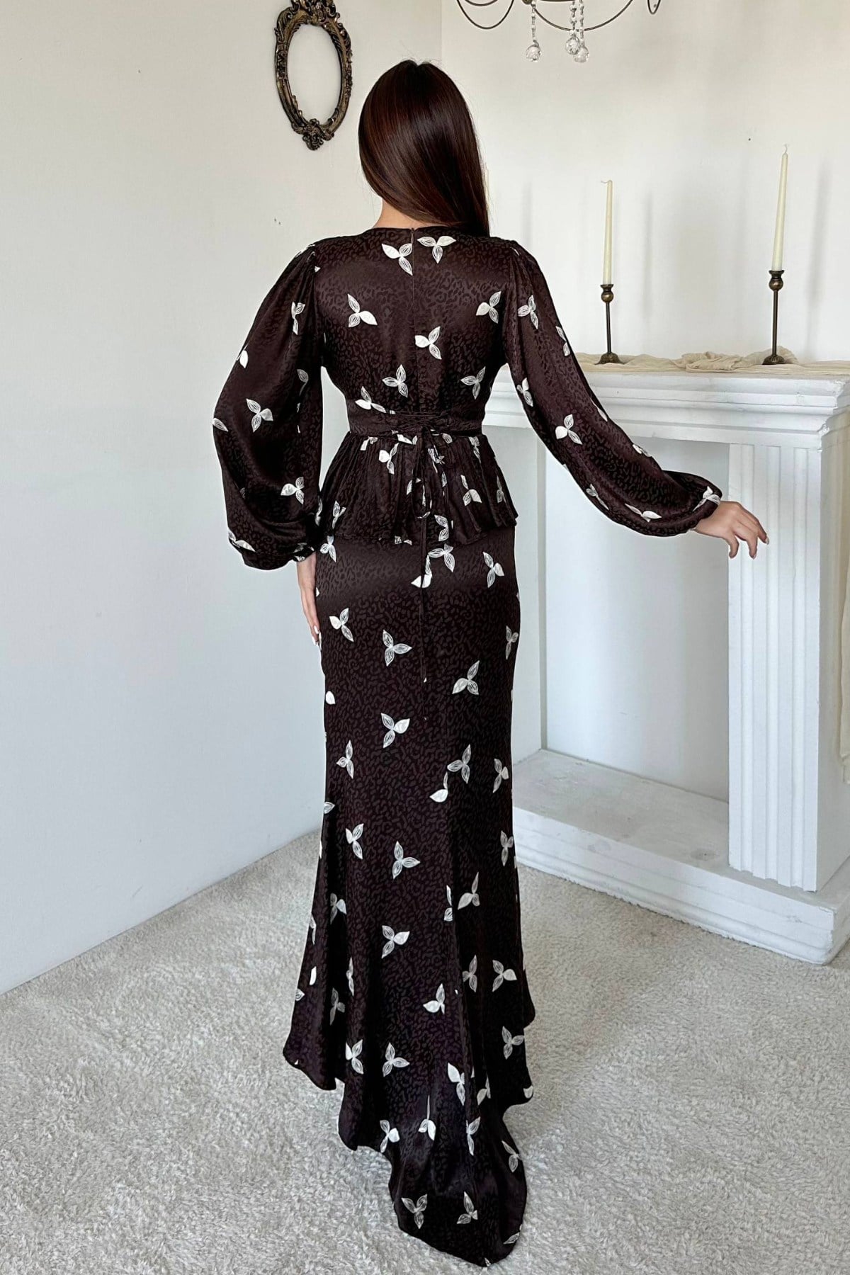 Brown Dress with Lace-Up Back and Ruffled Front