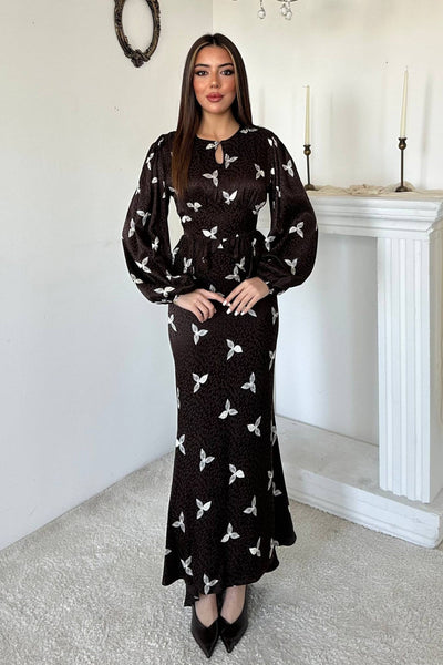 Brown Dress with Lace-Up Back and Ruffled Front