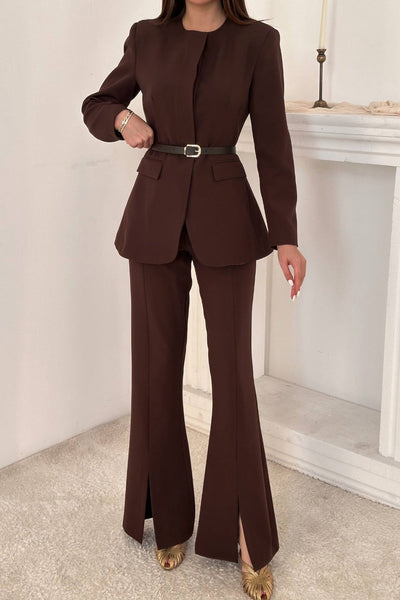 Brown Belted Blazer and Trousers Suit