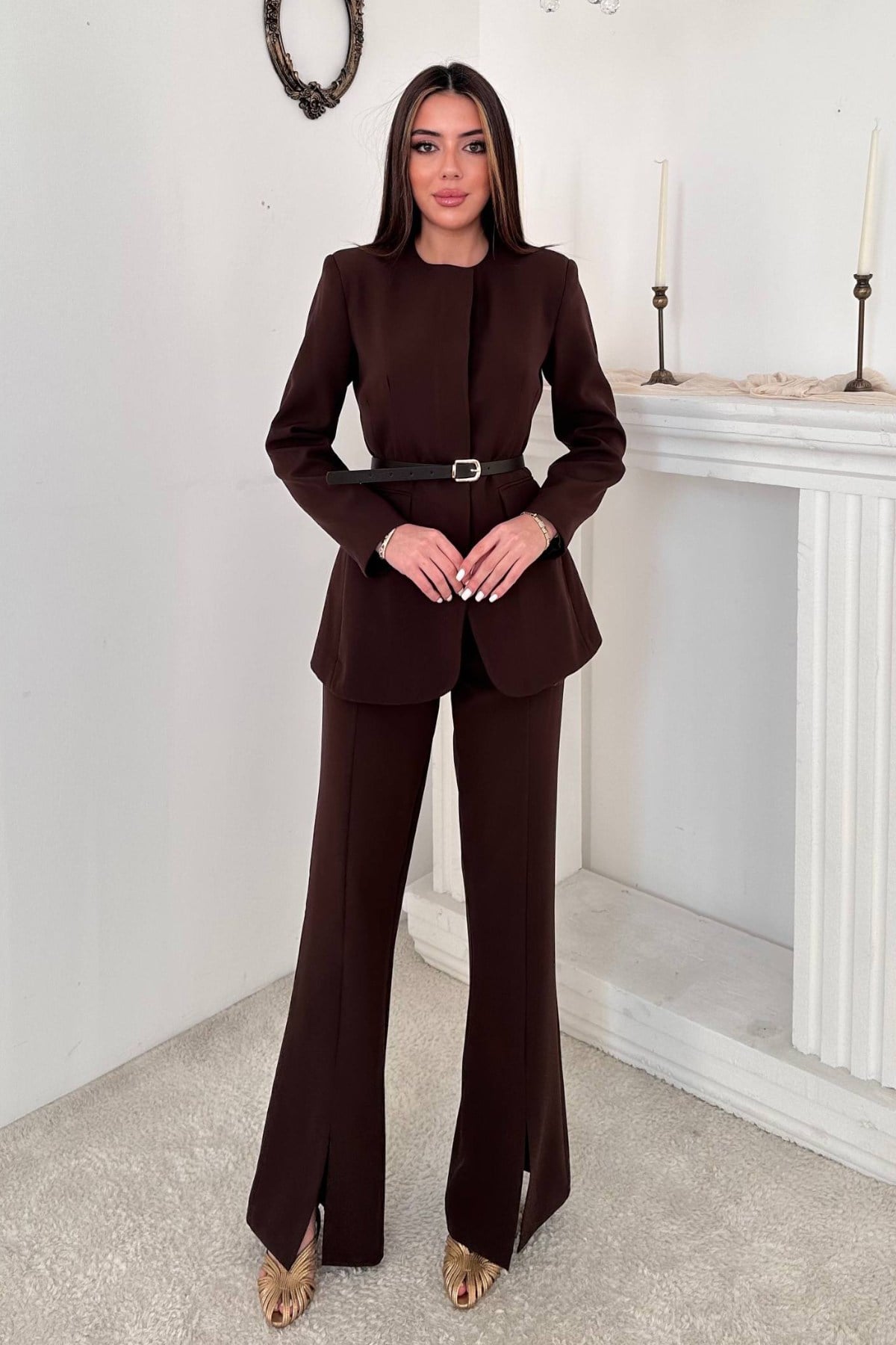 Brown Belted Blazer and Trousers Suit