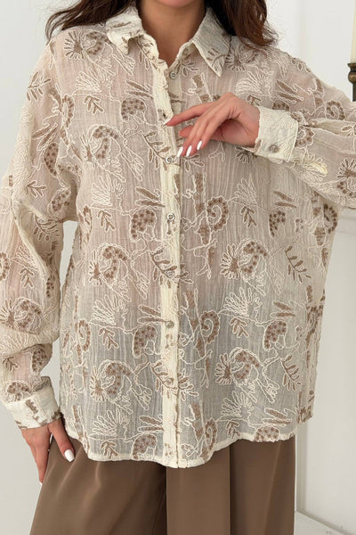 Cămașă maro brodată supradimensionată