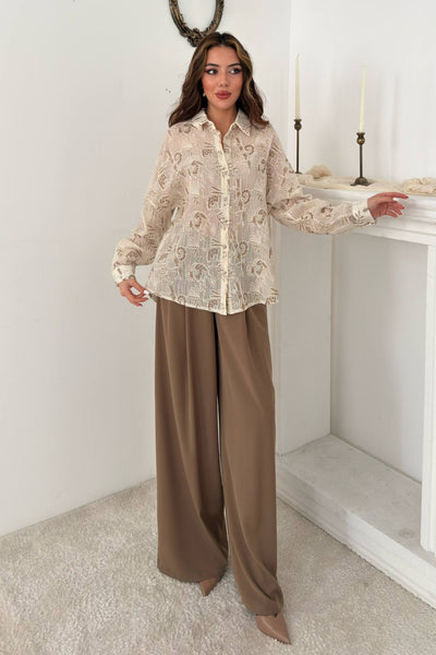 Kahverengi Nakışlı Oversize Gömlek