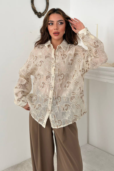 Kahverengi Nakışlı Oversize Gömlek