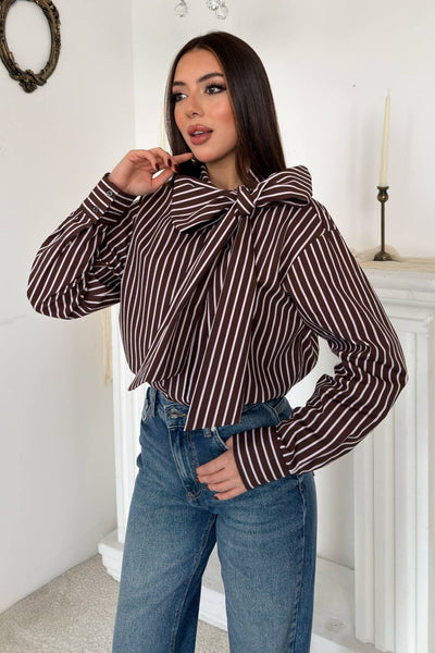 Kahverengi Yandan Fular Bağlamalı Gömlek