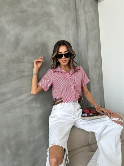 Topshow Red Striped Shirt with Belt Detail
