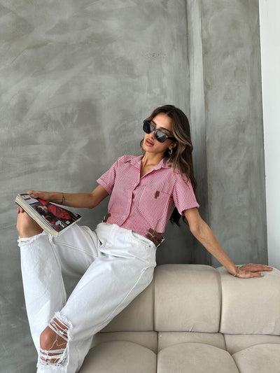 Topshow Red Striped Shirt with Belt Detail