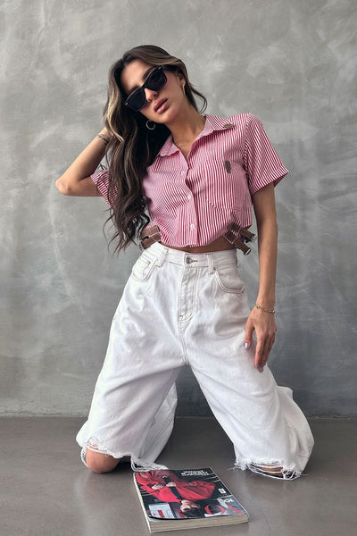 Topshow Red Striped Shirt with Belt Detail