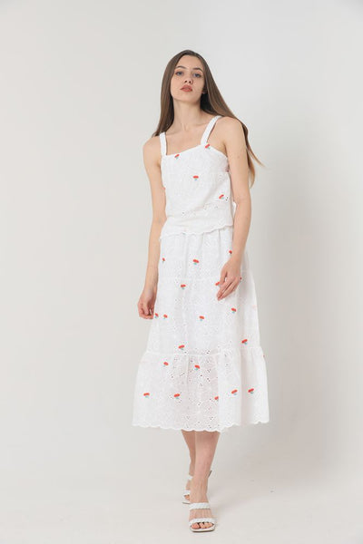 Fustă lungă cu broderie florală, en-gros - Roșie | TOPSHOW