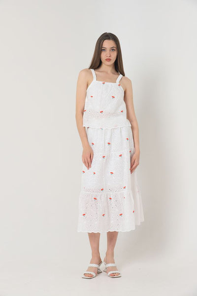Fustă lungă cu broderie florală, en-gros - Roșie | TOPSHOW