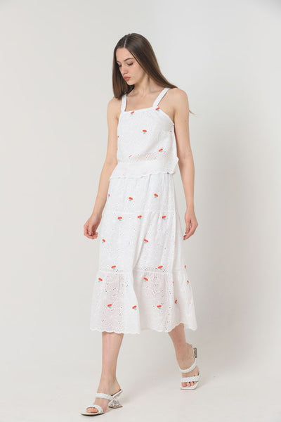Fustă lungă cu broderie florală, en-gros - Roșie | TOPSHOW