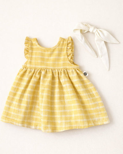 Set rochie și bentiță din bumbac cu volane pentru bebeluși | Mâneci lungi | 6 luni - 4 ani | Bej și albastru | RG380 - BEJ