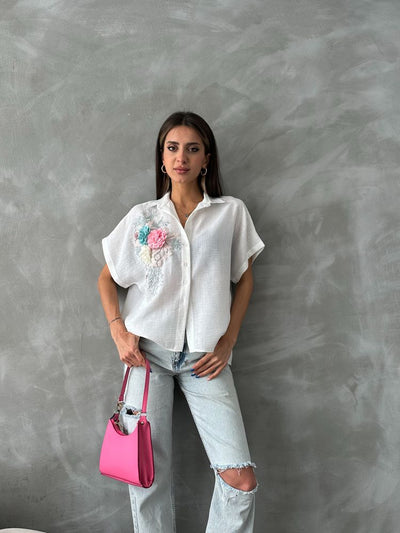 Topshow Krem Çiçek Detaylı Toptan Gömlek