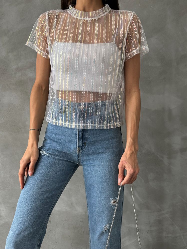 Topshow Cream Sequin Tulle Wholesale T-shirt