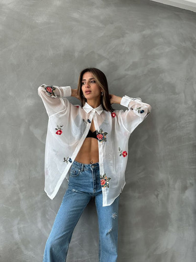 Embroidered Organza Wholesale Shirt - Cream
