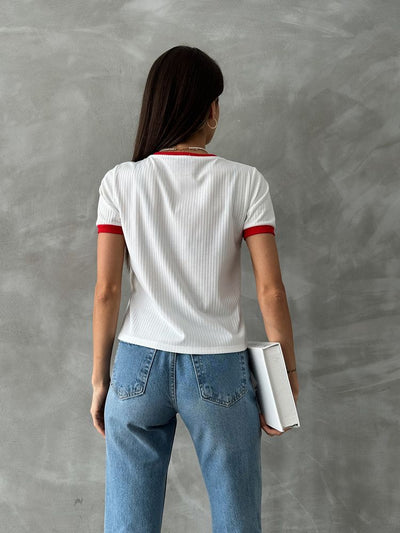 Topshow Cream Red Embroidered Wholesale T-shirt