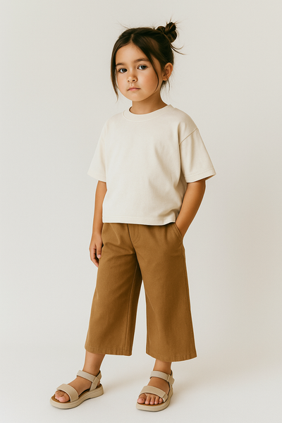 Kız Çocuk Crop Tişört %100 Pamuk 3–9 Yaş | RG1604 - EKRU