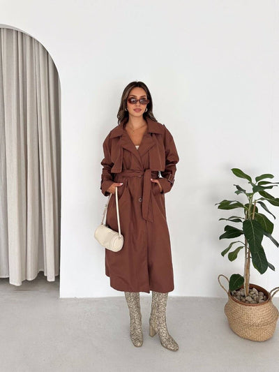 TRENCH COAT MAXI PENTRU FEMEI, CU CUREA ȘI CORDELĂ