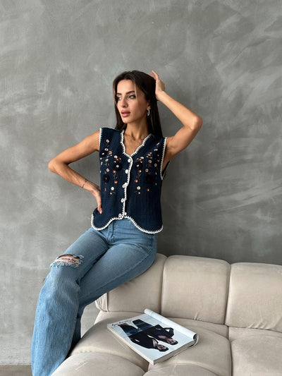 Vestă brodată bleumarin Topshow, en-gros