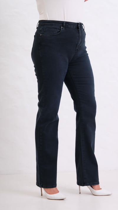 Pantalon Jean Albastru-Negru Talie Înaltă Plus Size Cărări Țeavă