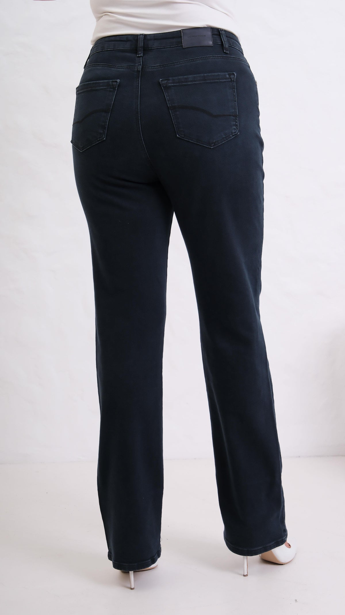 Pantalon Jean Albastru-Negru Talie Înaltă Plus Size Cărări Țeavă