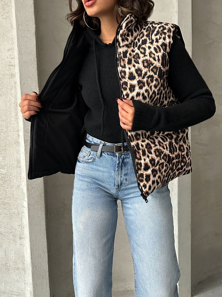 Kapitone Toptan Yelek - Leopar